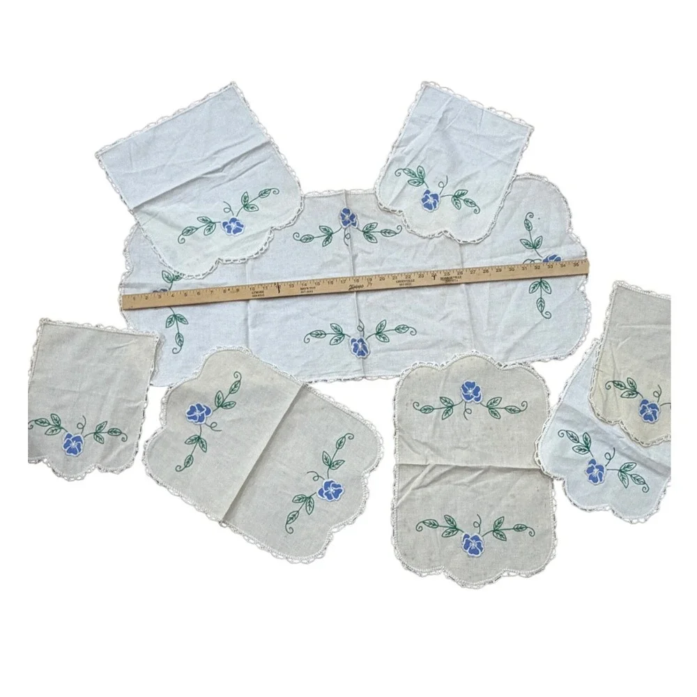 Vintage Hand Embroidered Linen Dresser Scarf Doily Set Blue Pansy Floral 8pc